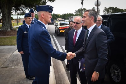 NATO Secretary General Jens Stoltenberg visits the 125th Fighter Wing, Florida Air National Guard. NATO Secretary General Jens Stoltenberg is welcomed by Brigadier General James O. Eifert.