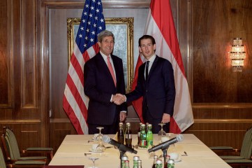 Secretary Kerry Shakes Hands With Austrian Foreign Minister Kurz 2015
