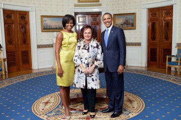 President Barack Obama and First Lady Michelle Obama greet the Ambassador of Liechtenstein Claudia Fritsche in a receiving line during a Diplomatic Corps Reception for the foreign diplomatic corps in the Blue Room of the White House, Oct. 5, 2010. (Official White House Photo by Samantha Appleton) This official White House photograph is being made available only for publication by news organizations and/or for personal use printing by the subject(s) of the photograph. The photograph may not be manipulated in any way and may not be used in commercial or political materials, advertisements, emails, products, promotions that in any way suggests approval or endorsement of the President, the First Family, or the White House.