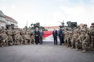NATO Secretary General Jens Stoltenberg, the US Ambassador to the Czech Republic, Andrew H. Shapiro, the Prime Minister of the Czech Republic, Bohuslav Sobotka and the Minister of Defence of the Czech Republic, Martin Stropnicky with soldiers of the US military convoy