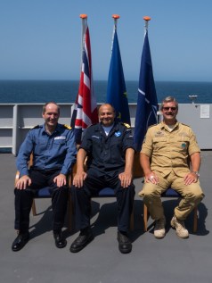 Force Commanders from Combined Maritime Forces, Commodore Jeremy Blunden, the EU Naval Force, Commodore Peter Lenselink and NATO, Commodore Henning Amundsen, on board the EU Naval Force flagship, HNLMS Johan de Witt. 2013