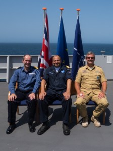Force Commanders from Combined Maritime Forces, Commodore Jeremy Blunden, the EU Naval Force, Commodore Peter Lenselink and NATO, Commodore Henning Amundsen, on board the EU Naval Force flagship, HNLMS Johan de Witt. 2013