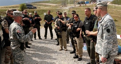 The Multinational Battle Group-East Military Provost Marshals office gives brief to NATO Forces Kosovo in Camp Bondsteel, Kosovo, July 26, 2016 EUCOM